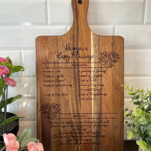 Acacia cutting board — Recipe for a Happy Marriage