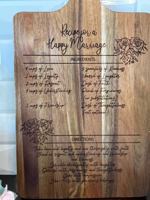 Acacia cutting board — Recipe for a Happy Marriage