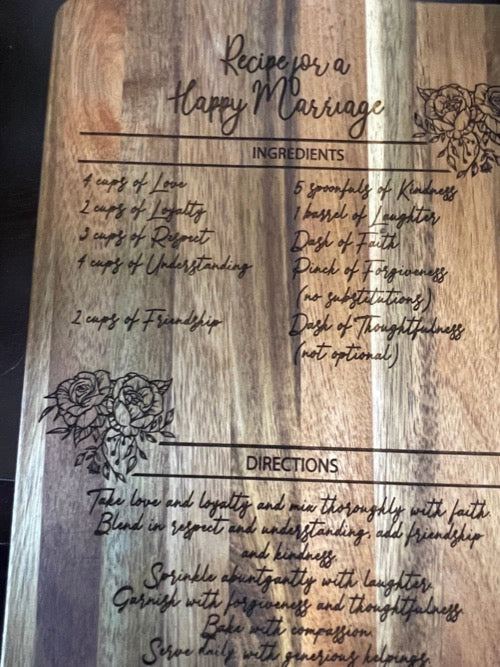 Acacia cutting board — Recipe for a Happy Marriage