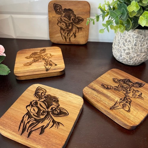 Baby Cow and Kissing Cow Acacia Coasters