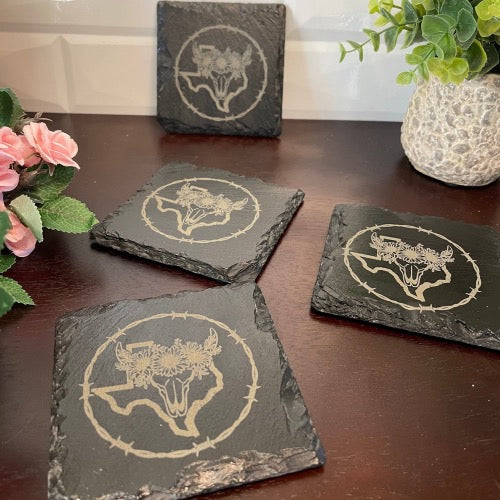 Texas Bull with Flowers Slate Coasters