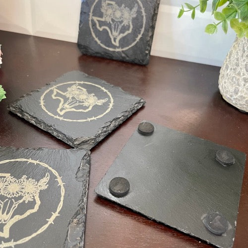Texas Bull with Flowers Slate Coasters
