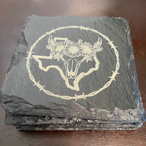 Texas Bull with Flowers Slate Coasters