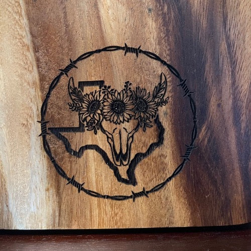 Acacia cutting board with raw edge — TX Bull Head with Flowers