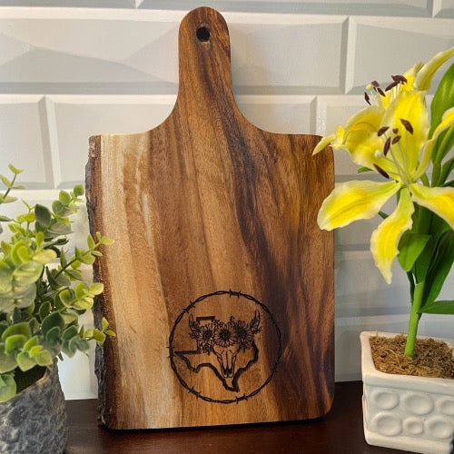 Acacia cutting board with raw edge — TX Bull Head with Flowers